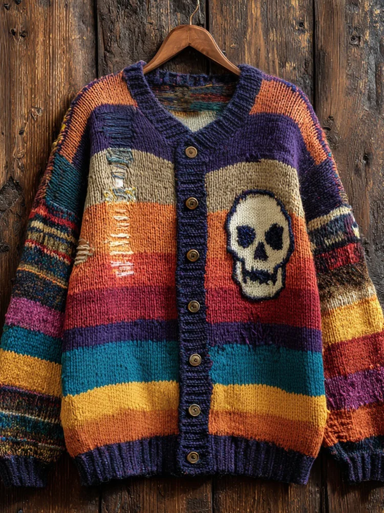 Halloween Skull Embroidered Colorful Striped Cozy Cardigan