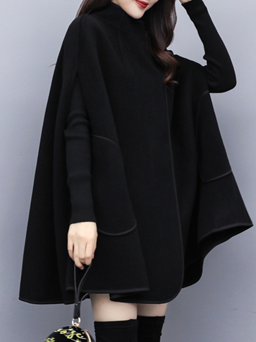 Fashion British Style Loose Black Woolen Cloak Coat - SissiStyles.com