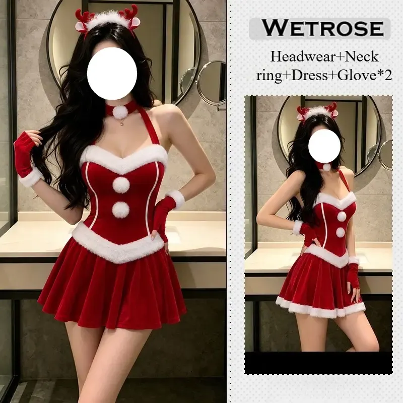 [Wetrose] In Stock Red Velvet Dress With Reindeer Antler Headband Gloves Choker Christmas Party Outfit Cosplay Costume Xmas