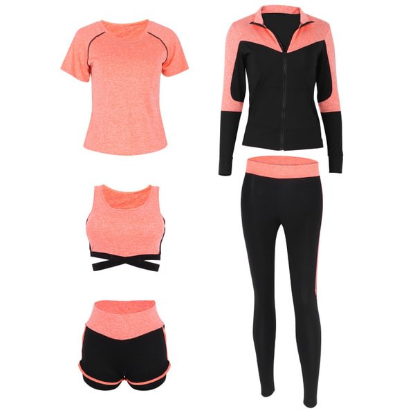 Womens Casual 5 Piece Yoga Fitness Outfits Sets Comfortable Workout Clothes Suit(Orange Five‑Piece Suit ) Blo - Shop Trendy Women's Fashion | TeeYours