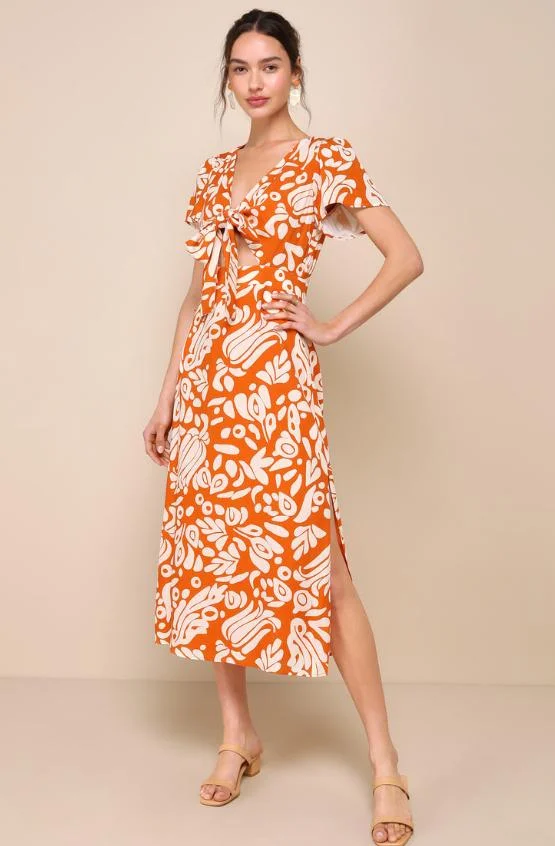 Rust Orange Abstract printing Tie-Front  Midi Dress
