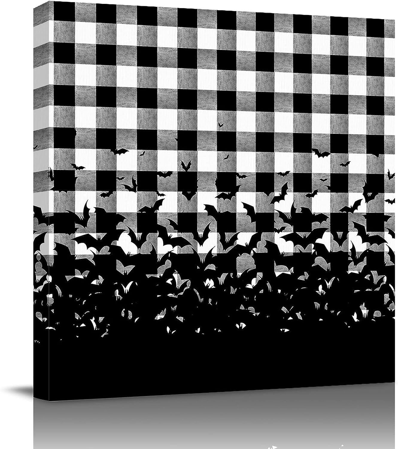 Canvas Wall Art for Living Room Halloween Horror Bats on Buffalo Plaid Black White Picture Framed Wall Decor for Bedroom Bathroom Framhouse Office Kitchen Decoration, 24 inch x24 inch  24 x 24 in