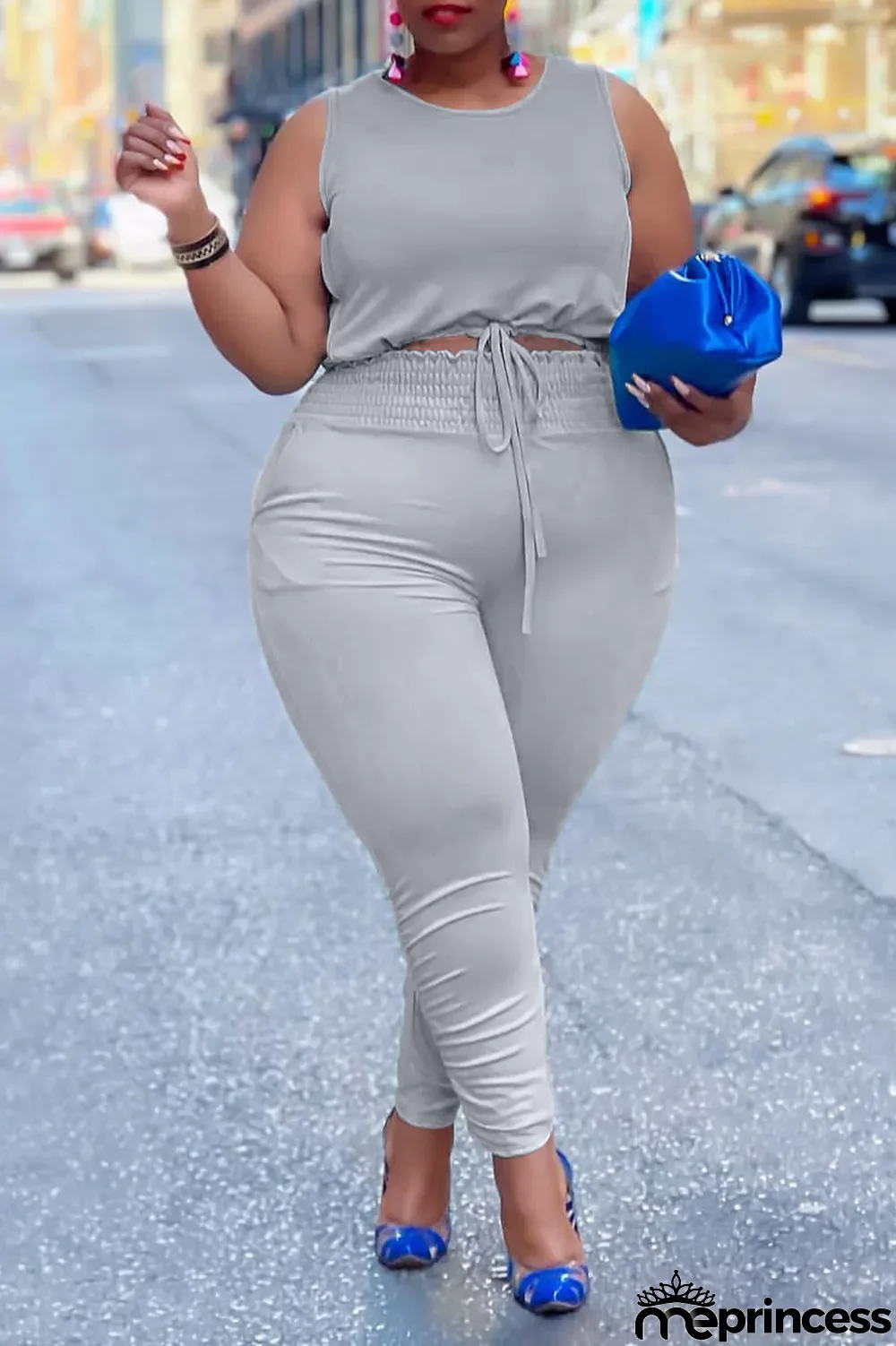 Sky Blue Casual Solid Split Joint O Neck Plus Size Two Pieces