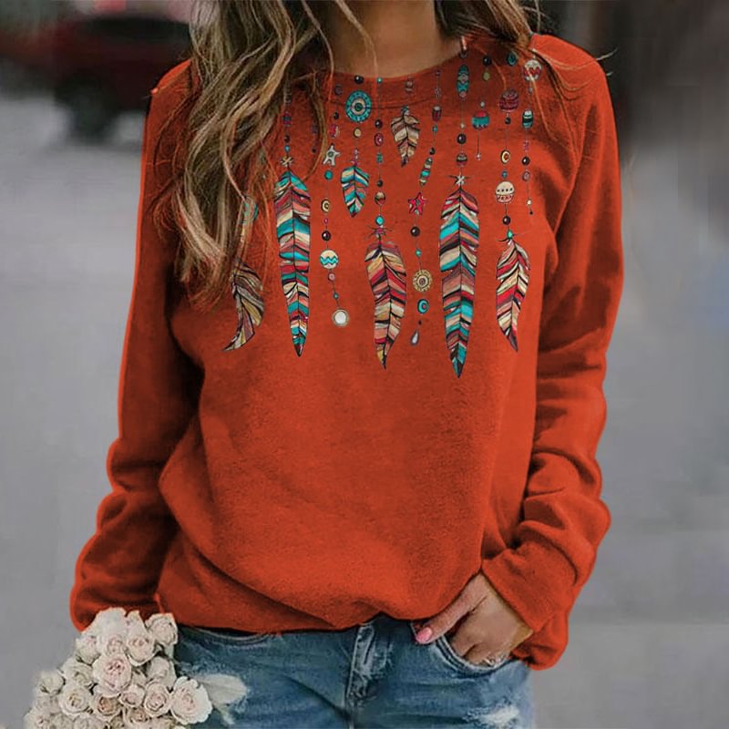 Casual Western Feather Print Sweatshirt