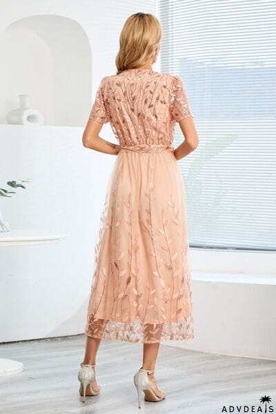 Sequin Leaf Embroidery Tie Front Short Sleeve Dress