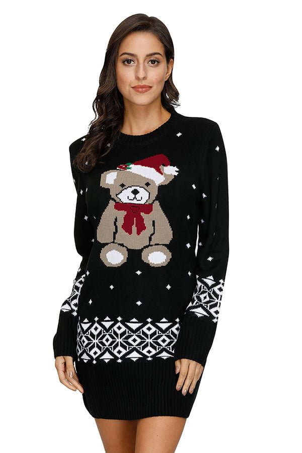 Christmas Bear Print Sweater Dress Crew Neck Black-elleschic