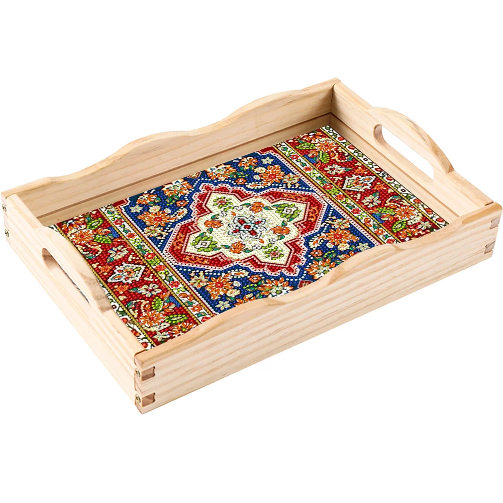 DIY Retro Pattern Wooden Diamond Painting Table Serving Tray with Handle