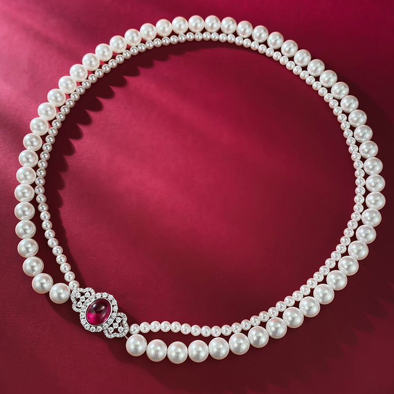MIKAMU S925 Silver Red Agate Inlaid with Mother-of-Pearl and Pearl Necklace - Luxurious and Elegant Choker