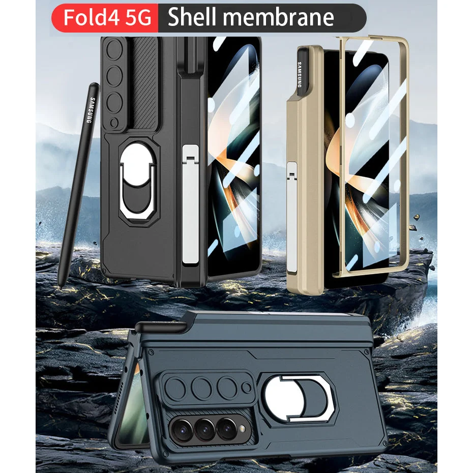 Applicable To Samsung Z Fold 4 Slide Rail Lens Cover Push Window 2-In-1 Ring Holder Folding Phone Case