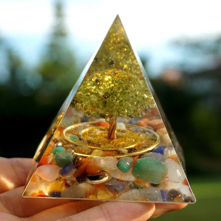 Fluorite With Peridot Tree Of Life Orgone Pyramid