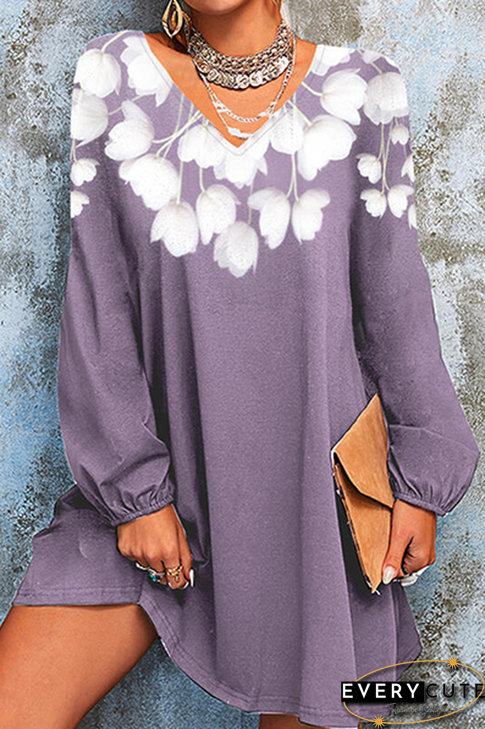 Casual Floral Split Joint  Contrast V Neck A Line Dresses