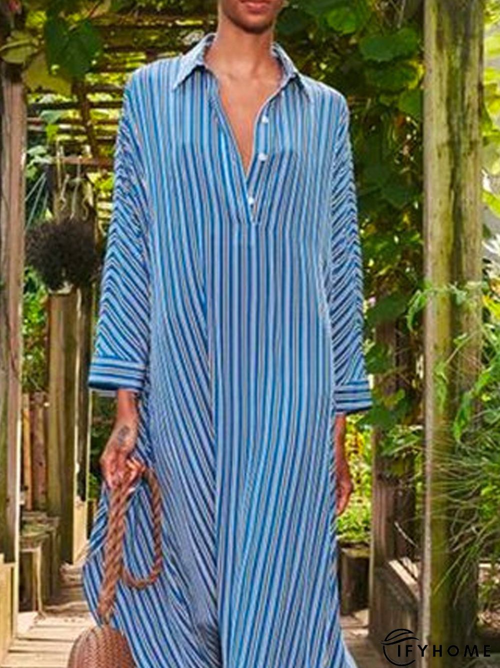 Floral-Print Long Sleeve Holiday Stripes Weaving Dress | IFYHOME