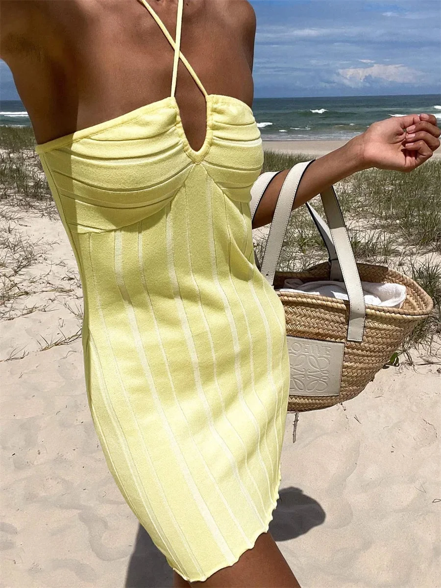 Oocharger Summer Halterneck Tie Up Mini Beach Dress 2024 Women Sleeveless Strapless Ribbed Knitted Wrap Short Bodycon Dresses