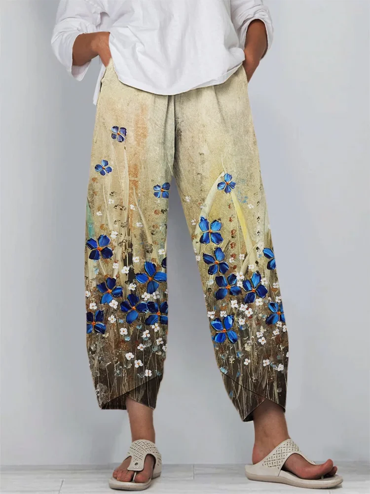 Flowers Art Painting Cropped Casual Pants