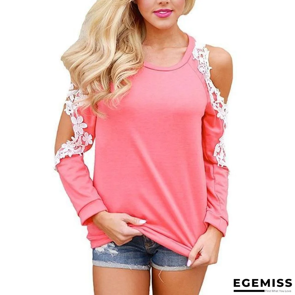 Women Cold Shoulder Long Sleeve Lace Blouse Causal Loose Solid Tops Tees | EGEMISS