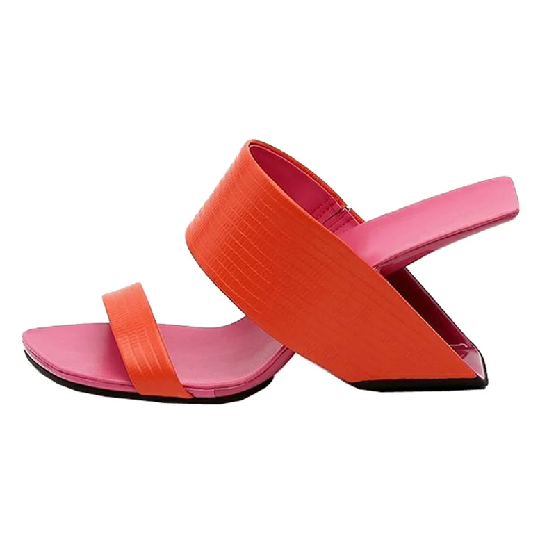 Women's Summer Leather Open Toe Color Matching Special-Shaped Heel Sandals Wedge Heel Square Toe Slippers Novameme