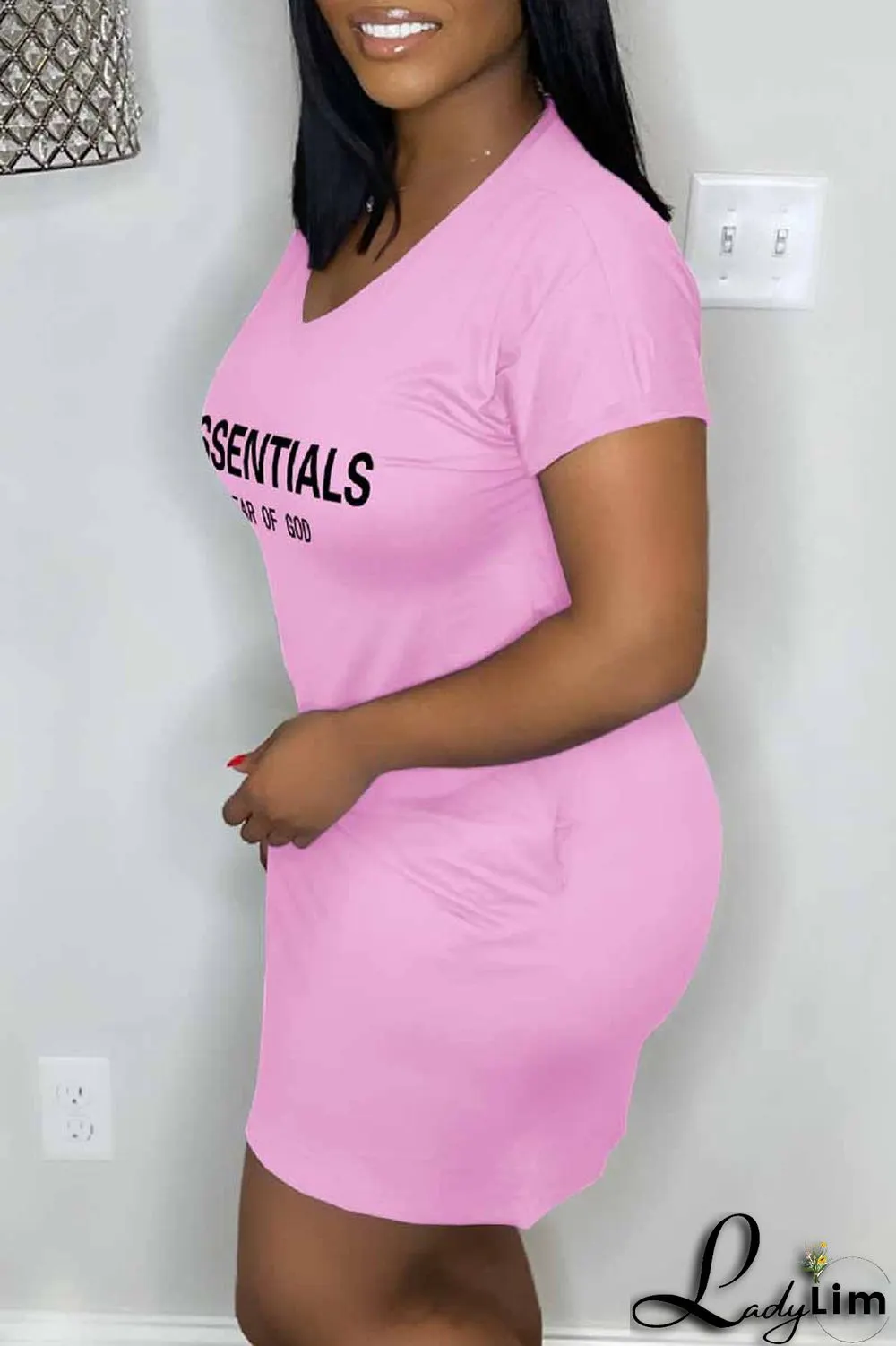Burgundy Casual Print Letter V Neck A Line Dresses