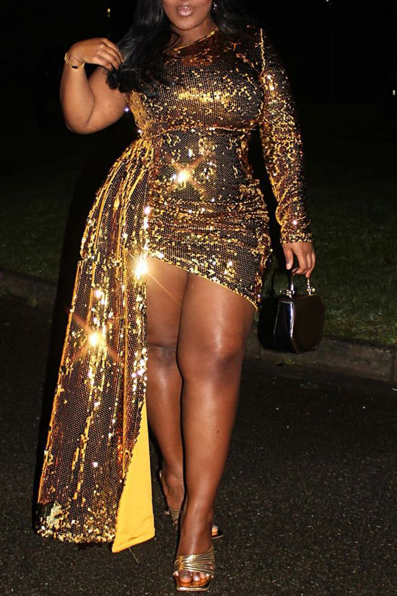 Plus Size Gold Party One Shoulder Side Streamer Long Sleeve Sequin Mini Dress