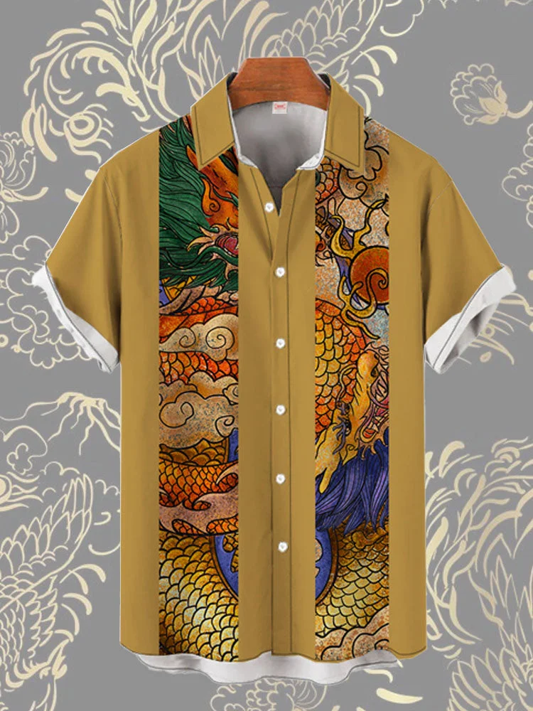Creature Theme 50s Golden Chinese Dragon, Auspicious Clouds Stripes Printing Men's Short Sleeve Shirt