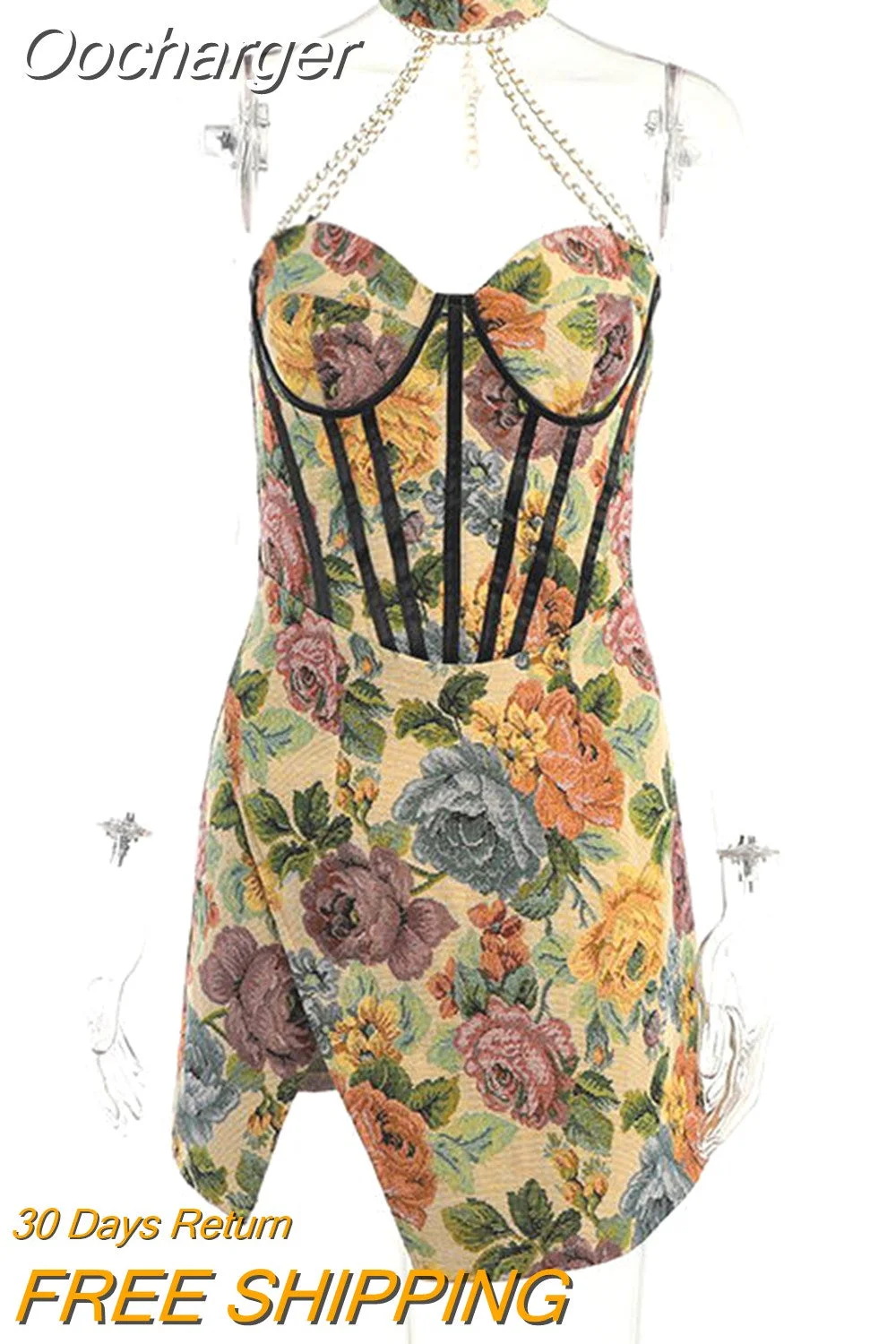 Oocharger Vintage Halter Print Dress Women 2023 Summer Off-shoulder Sleeveless Backless Bodycon Elegant Split Mini Dress