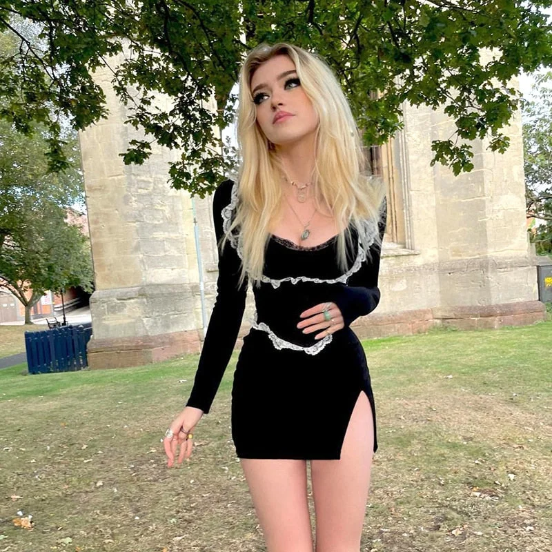 Rapcopter Y2K Lace Knitted Dress Black Split Full Sleeve Mini Dress O Neck Vintage Sweet Cute Corset Party Dress Women Elegant