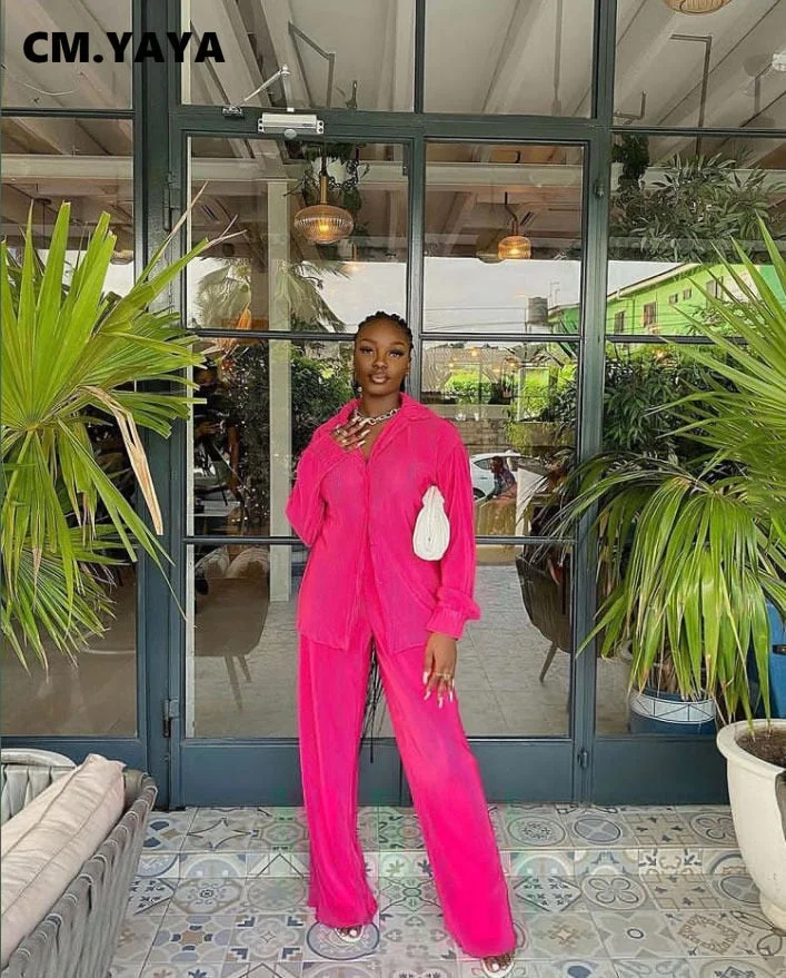 CM.YAYA Street Women's Set Long Sleeve Shirt Tops and Wide Leg Pants Elegant Tracksuit Two Piece Set Sweatsuit Fitness Outfits