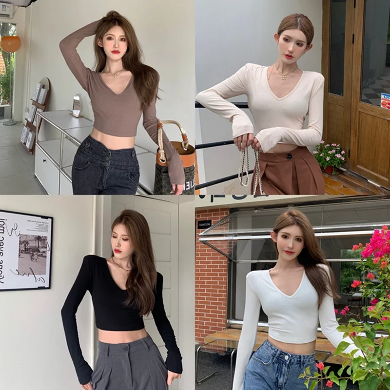 Uveng Uveng Women's Short Slim Long Sleeve With Bottom Shirt Autumn 2024 New Sexy V-Neck Collarbone Student Top Female