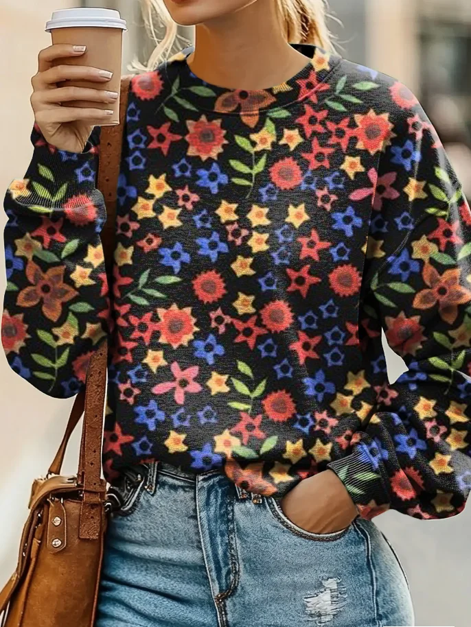 Vintage Floral Art Print Casual Sweatshirt