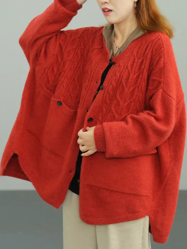 Vintage Loose Solid Color Buttoned High-Low Knitwear Cardigan