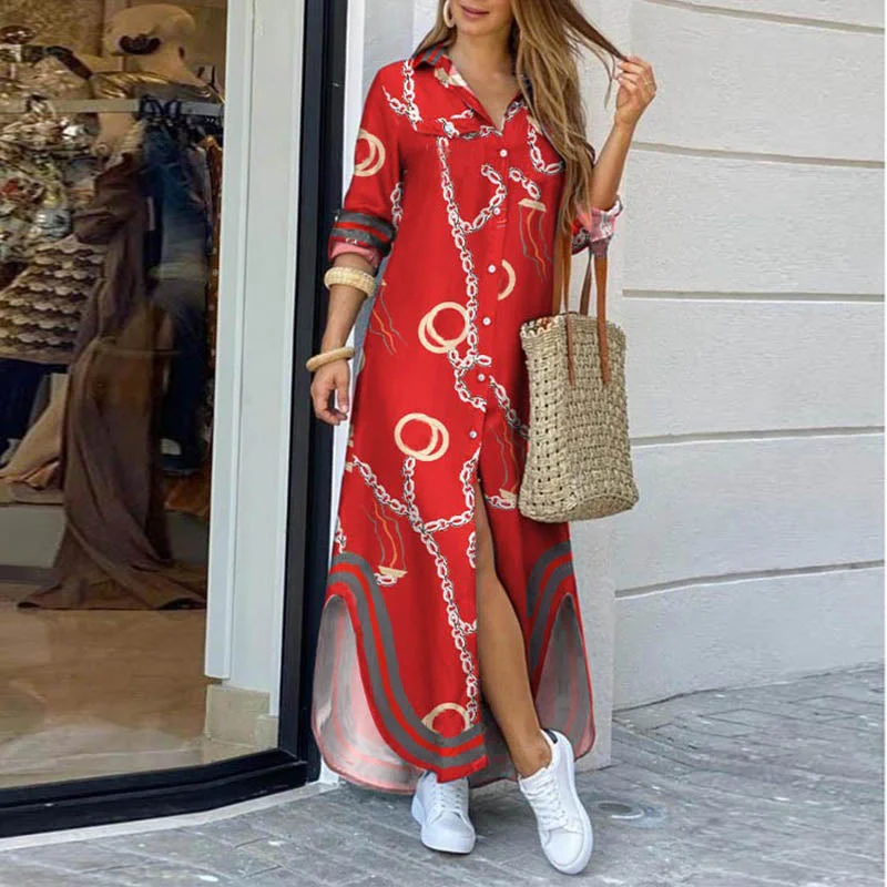 Elegant Women Button Down Long Shirt Dress Summer Letters Print Lapel Neck Party Dress Lady Long Sleeve Maxi Beach Dress Vestido