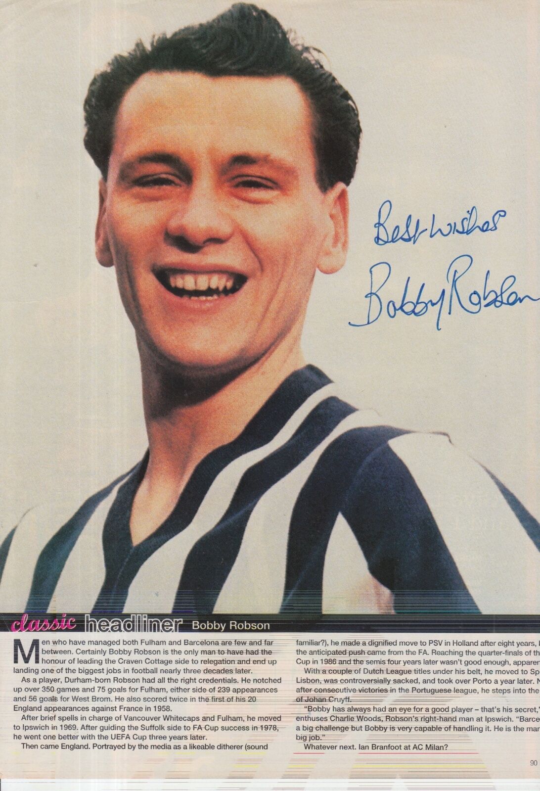 BOBBY ROBSON HAND SIGNED FULHAM MAGAZINE Photo Poster painting.