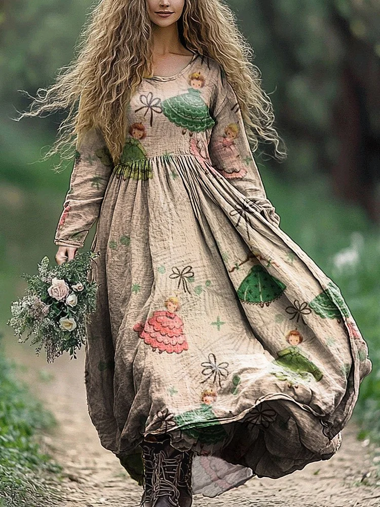 Womens Princess Dress Little Girl Art Print Pocket Cotton Dress