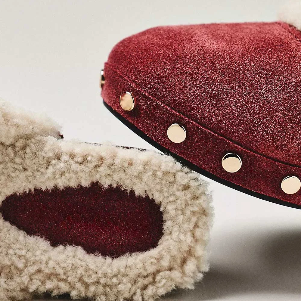 Maroon Round Toe Mid Heel Studded Furry Platform Women's Mules Shoes