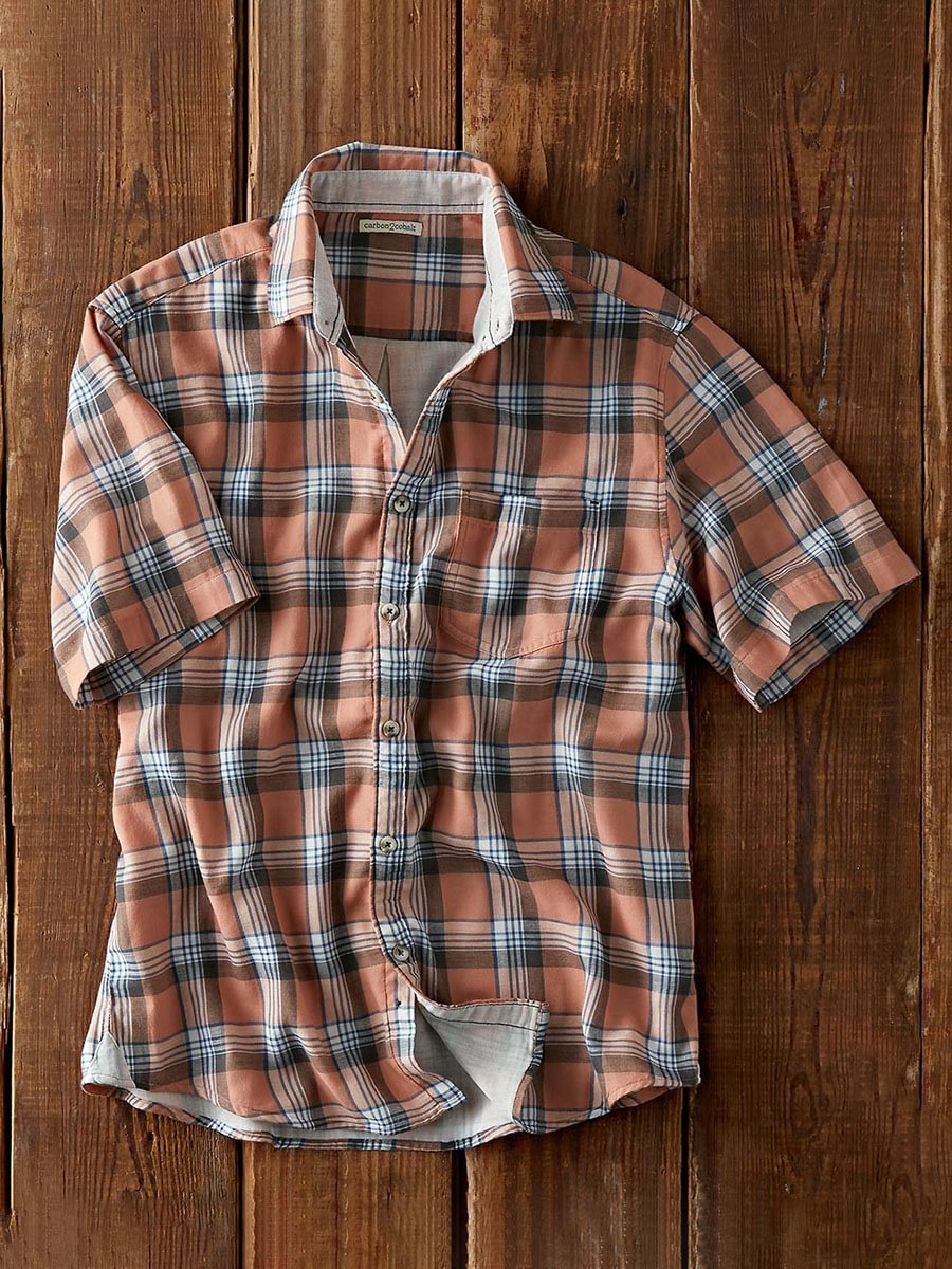 Men's Orange Check Patch Pocket Short Sleeve Cotton Linen Shirt