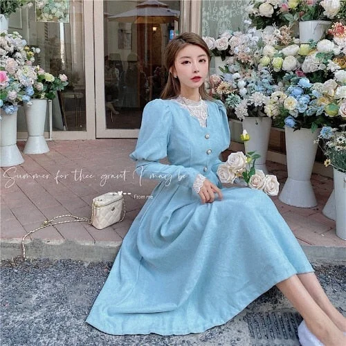 Sky Blue Korean Sweet Elegant Princess Lace Dress BE400