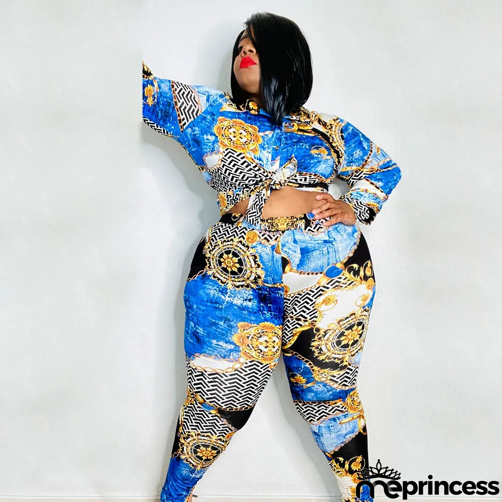 Plus Size Women Vintage Printed Long Sleeve Shirt + Pants Two-Piece Set