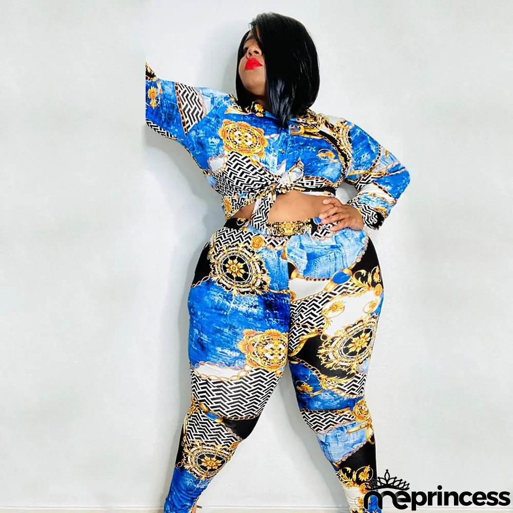 Plus Size Women Vintage Printed Long Sleeve Shirt + Pants Two-Piece Set