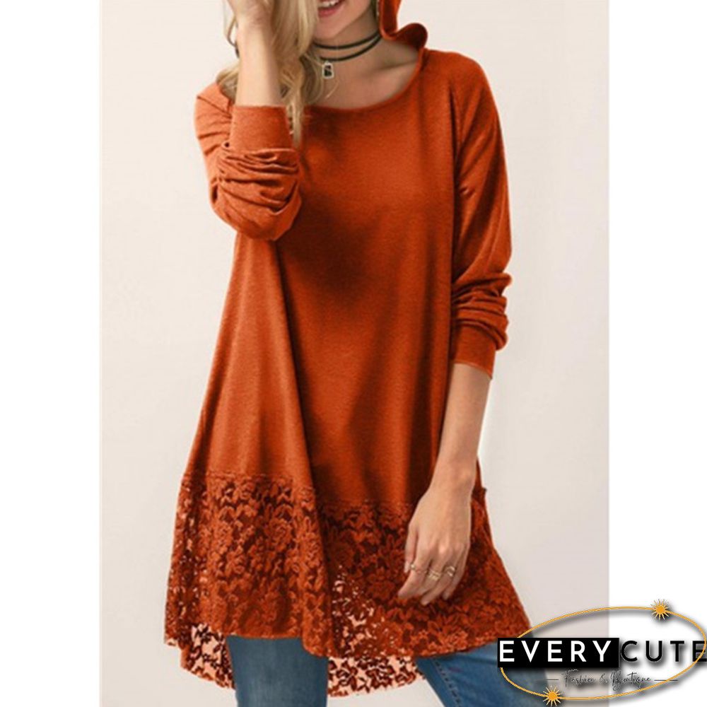 Women Fashion Solid Color Hoodies Long Sleeved T-shirt Autumn Lace Hooded Sweater Plus Size