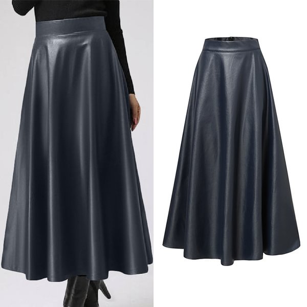 Women Faux Leather High Waist Pleated Vintage Maxi Long Skirts Baggy Loose Big Swing Skirt Dress S-5XL - BlackFridayBuys