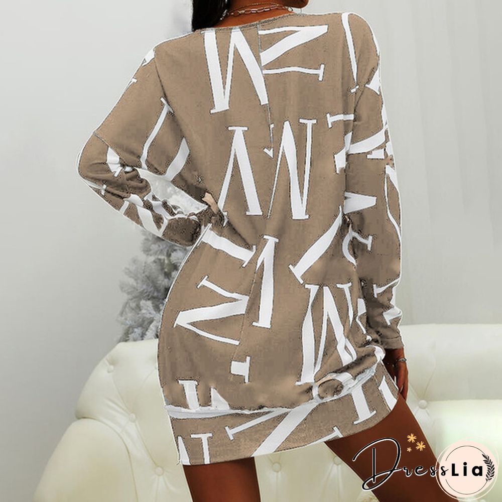 Xs-8Xl Autumn And Winter Dress Plus Size Clothes Women's Casual Long Sleeve T-Shirt Dresses Letter Printed Pullover Sweatshirt Dress Ladies O-Neck Loose Dress Off Shoulder Short Dress Mini Party Dress