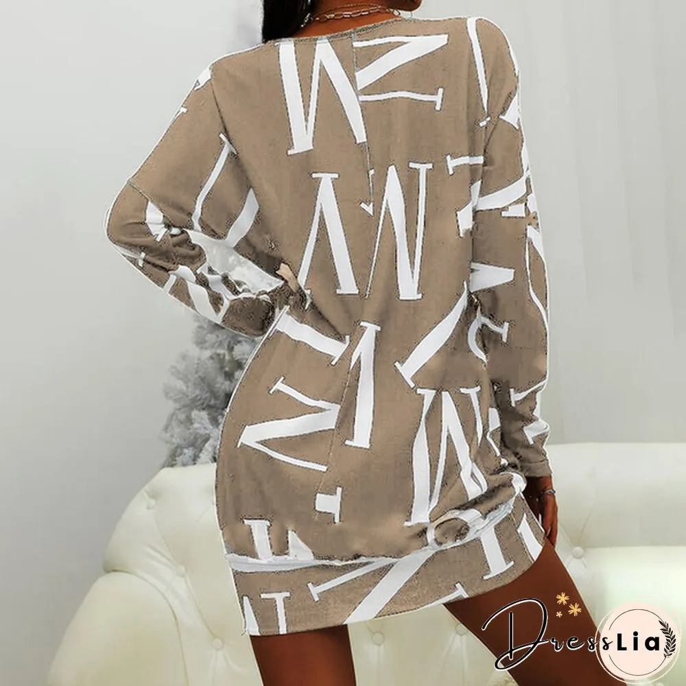 Xs-8Xl Autumn And Winter Dress Plus Size Clothes Women's Casual Long Sleeve T-Shirt Dresses Letter Printed Pullover Sweatshirt Dress Ladies O-Neck Loose Dress Off Shoulder Short Dress Mini Party Dress