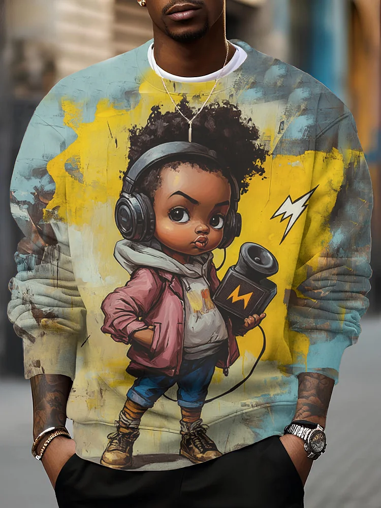 Men's Afro Kid Loves Music Art Print Casual Sweatshirt