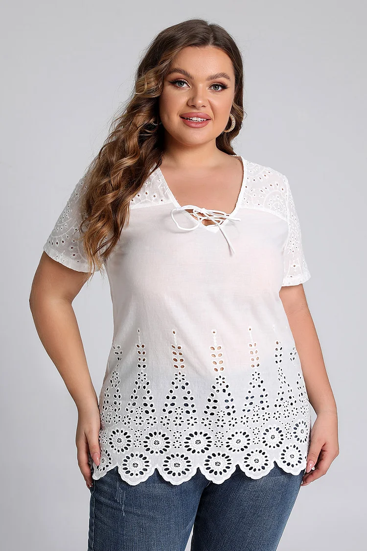 Plus Size Lace Up Hollow Out V Neck Casual Blouses  Flycurvy [product_label]