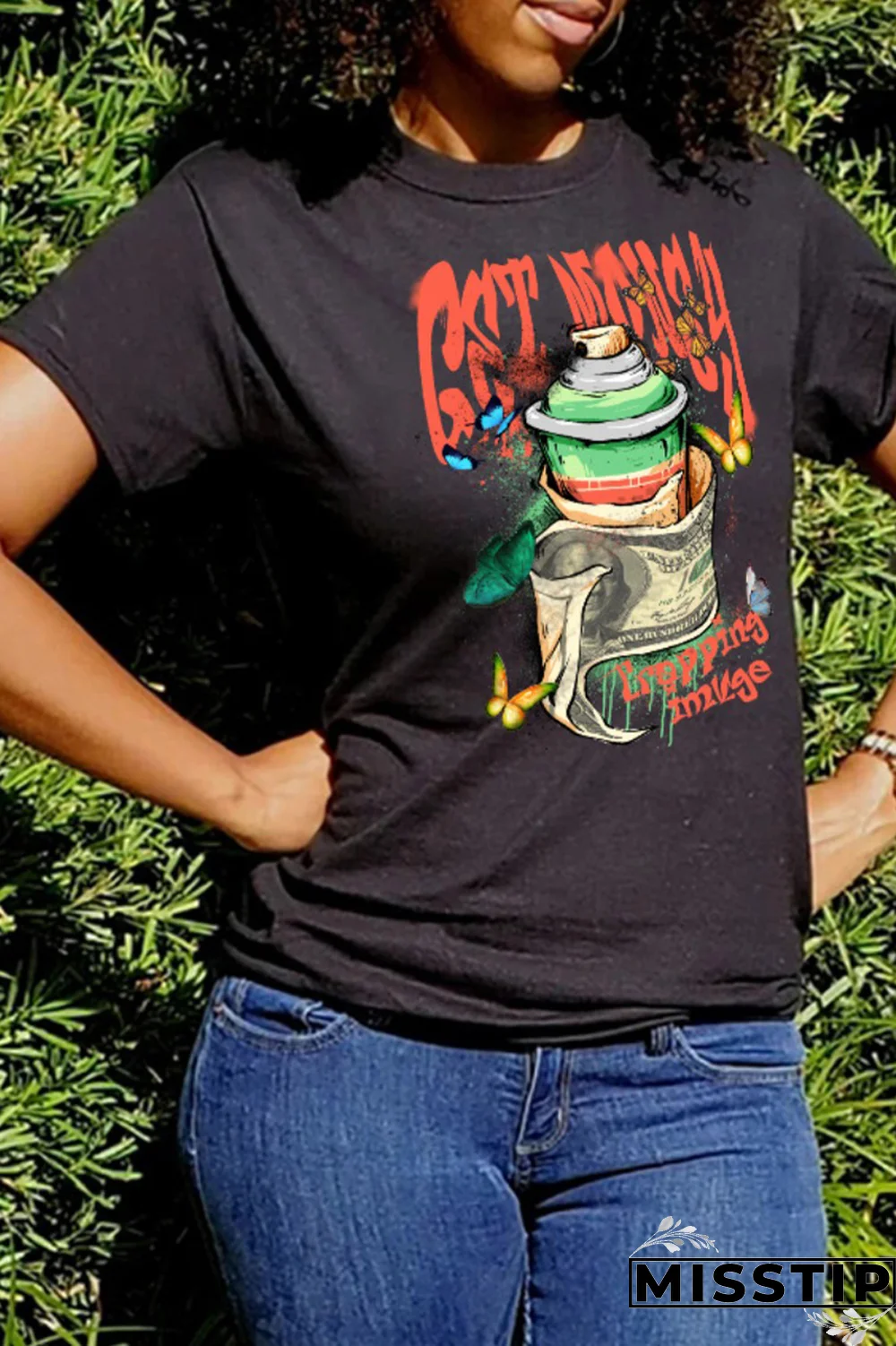 Black Street Daily Print Patchwork O Neck T-Shirts