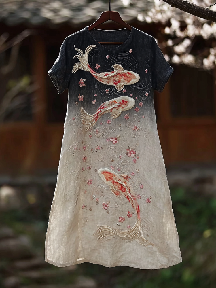 Japanese Art Koi Pattern Gradient-colored Linen Dress wearshes