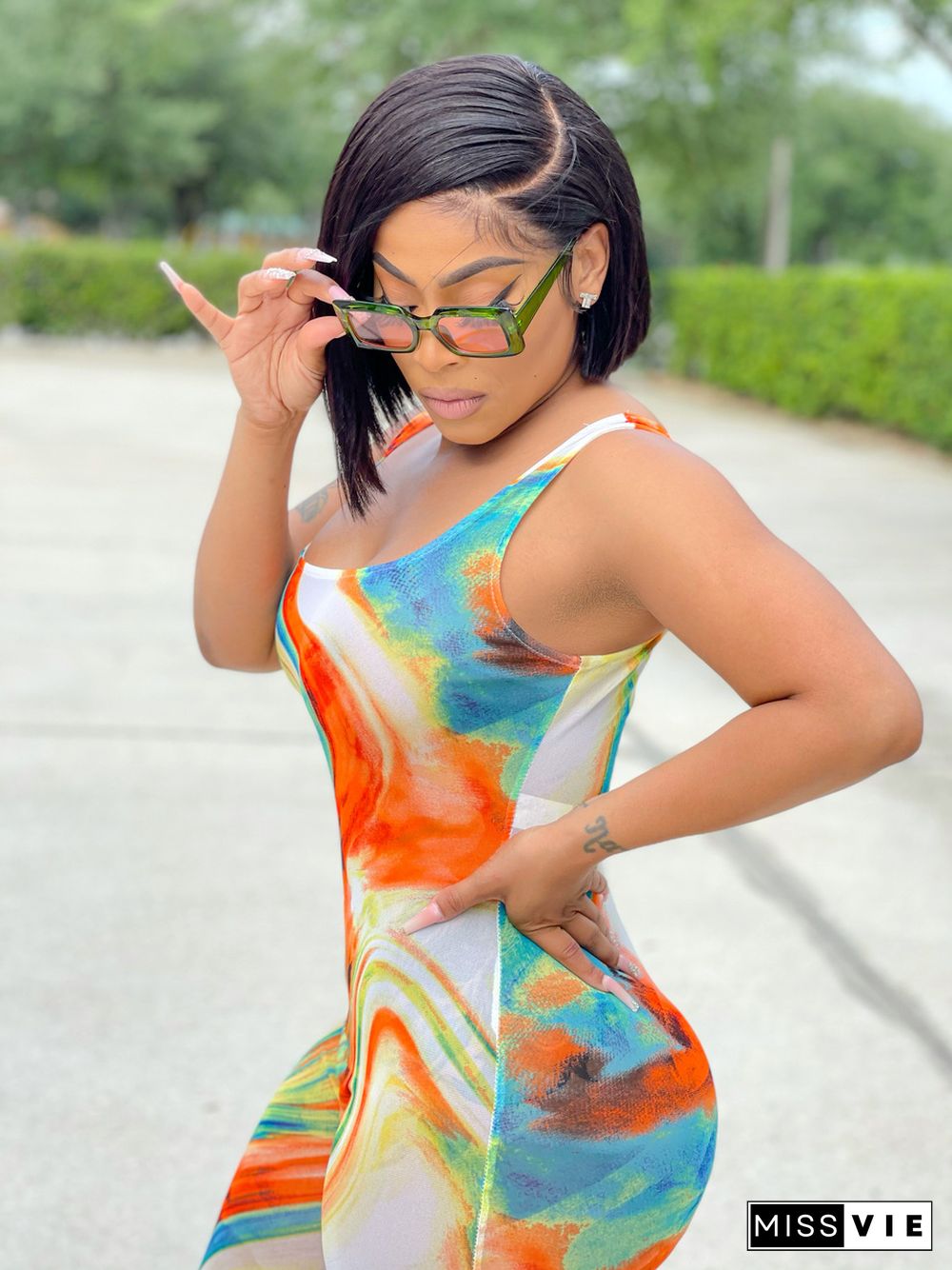 Summer Womens Clothing Casual Tie Dye Print Sleeveless Low Neck Backless Streetwear Bodycon Flare Jumpsuit