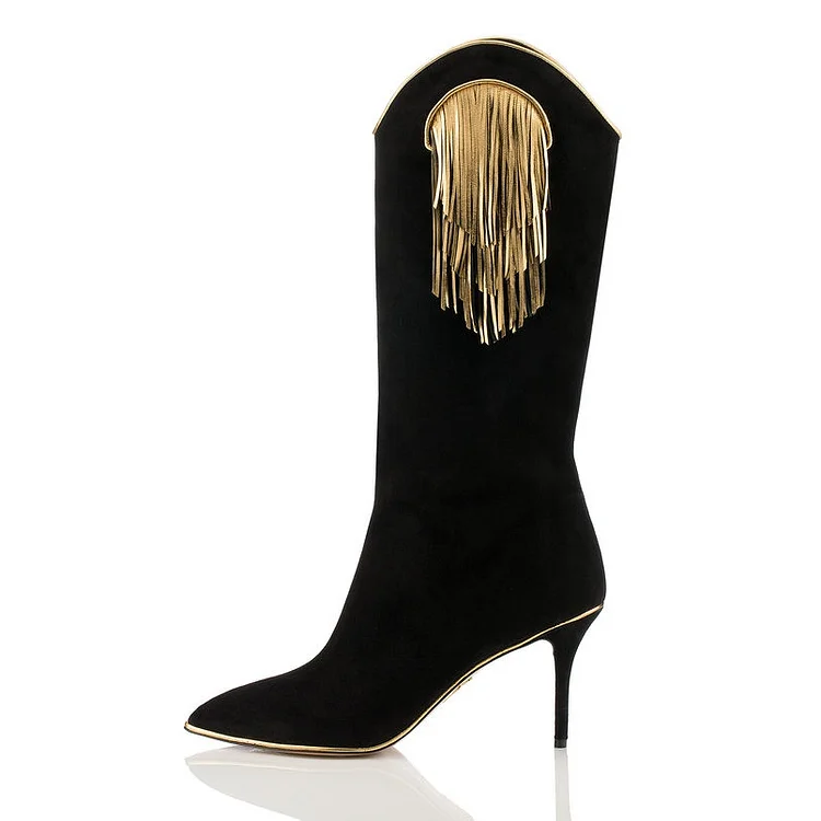 Black Vegan Suede Gold Fringe Fashion Boots Mid Calf Boots |FSJ Shoes