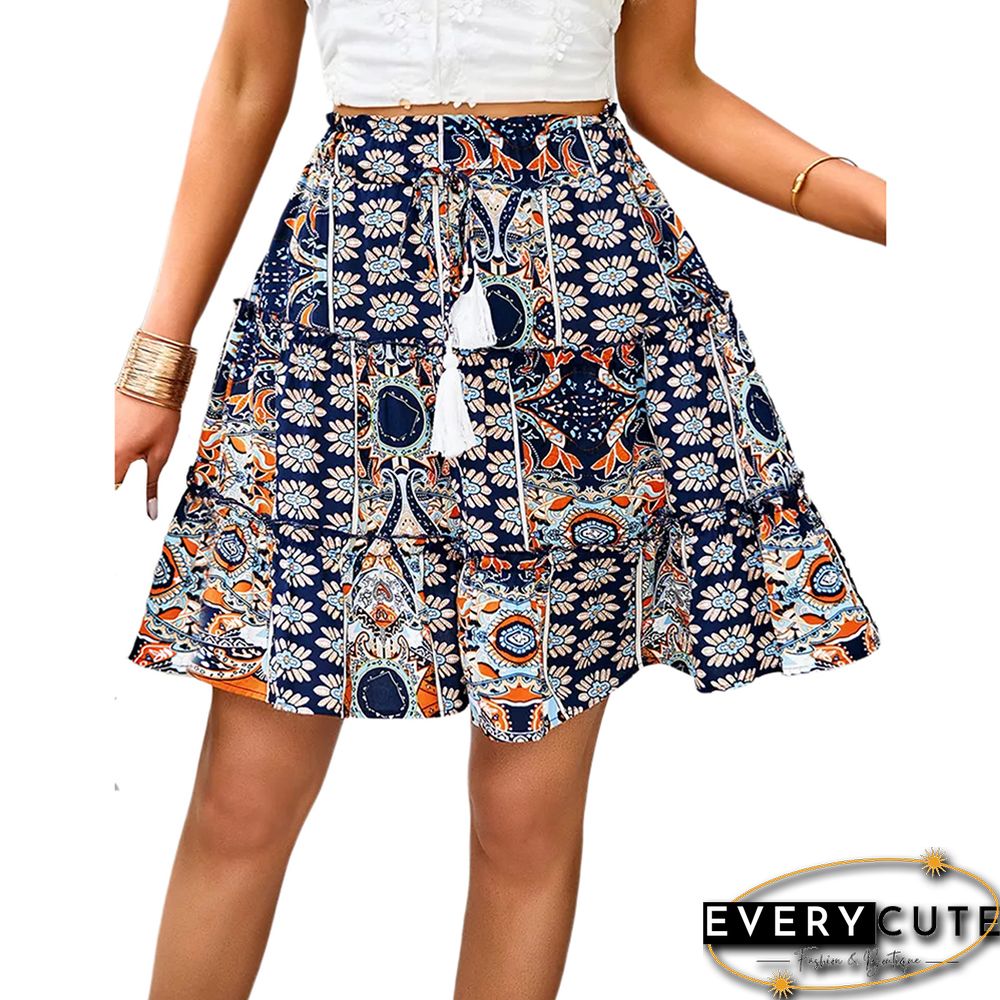 Navy Blue Bohemian Print Lace-up Summer Skirt