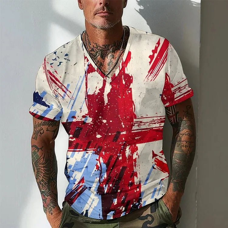 Men's V-neck Cross Graphic Print Casual Short Sleeve T-Shirt 39645238X