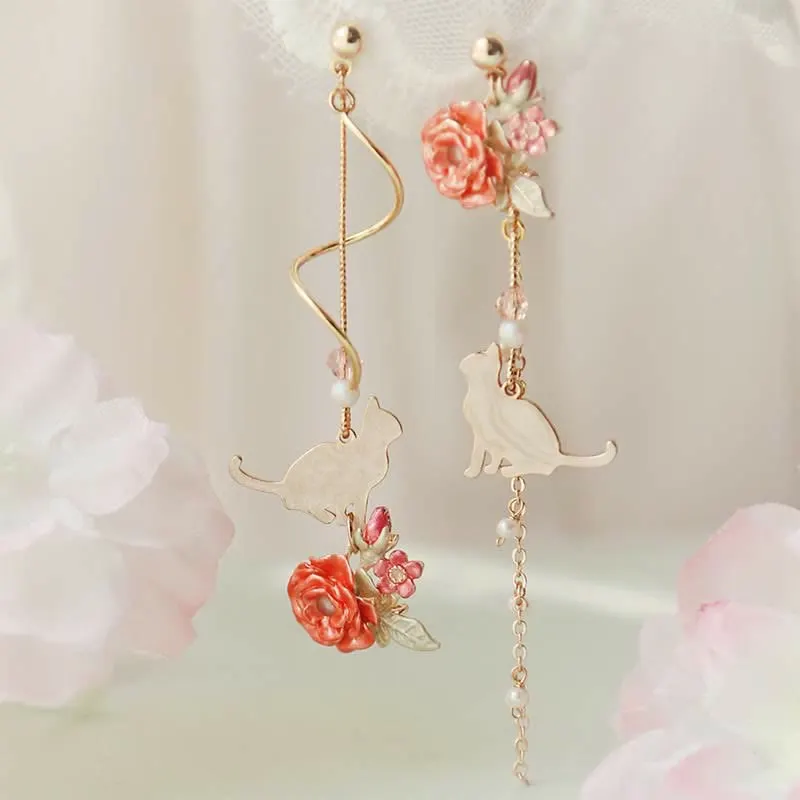 Asymmetrical Cat Blossom 925 Sterling Silver Stud Earrings Ear Clip